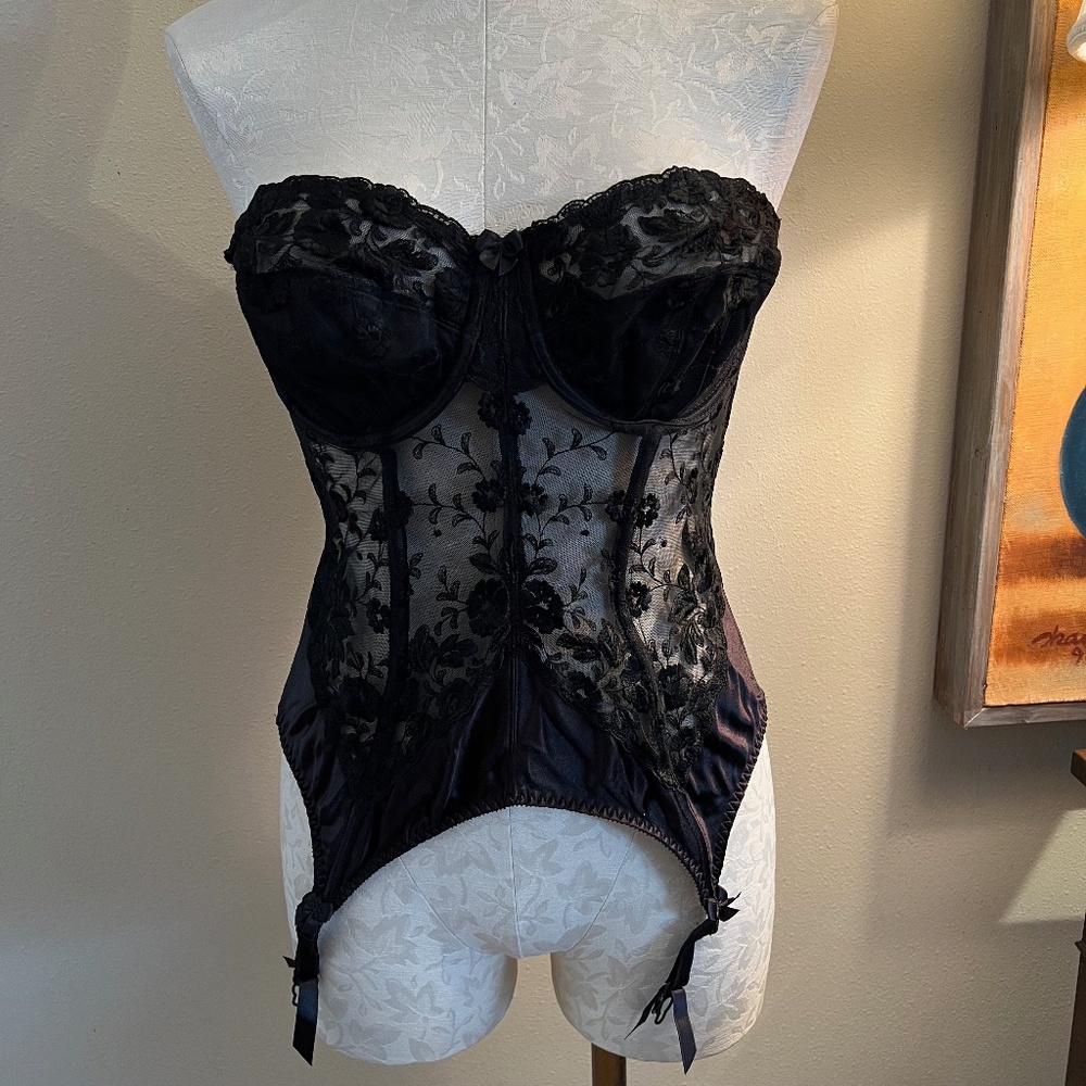 Vintage Black Lace Rigby & Peller Corset  With Garters 36D